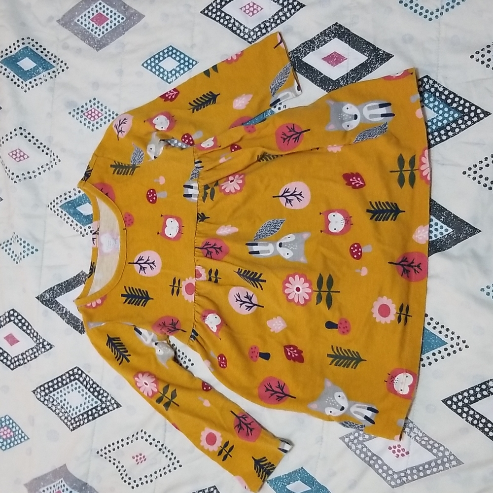 Wonder nation long sleeve dress, toddler size 2t, mustard color with animals